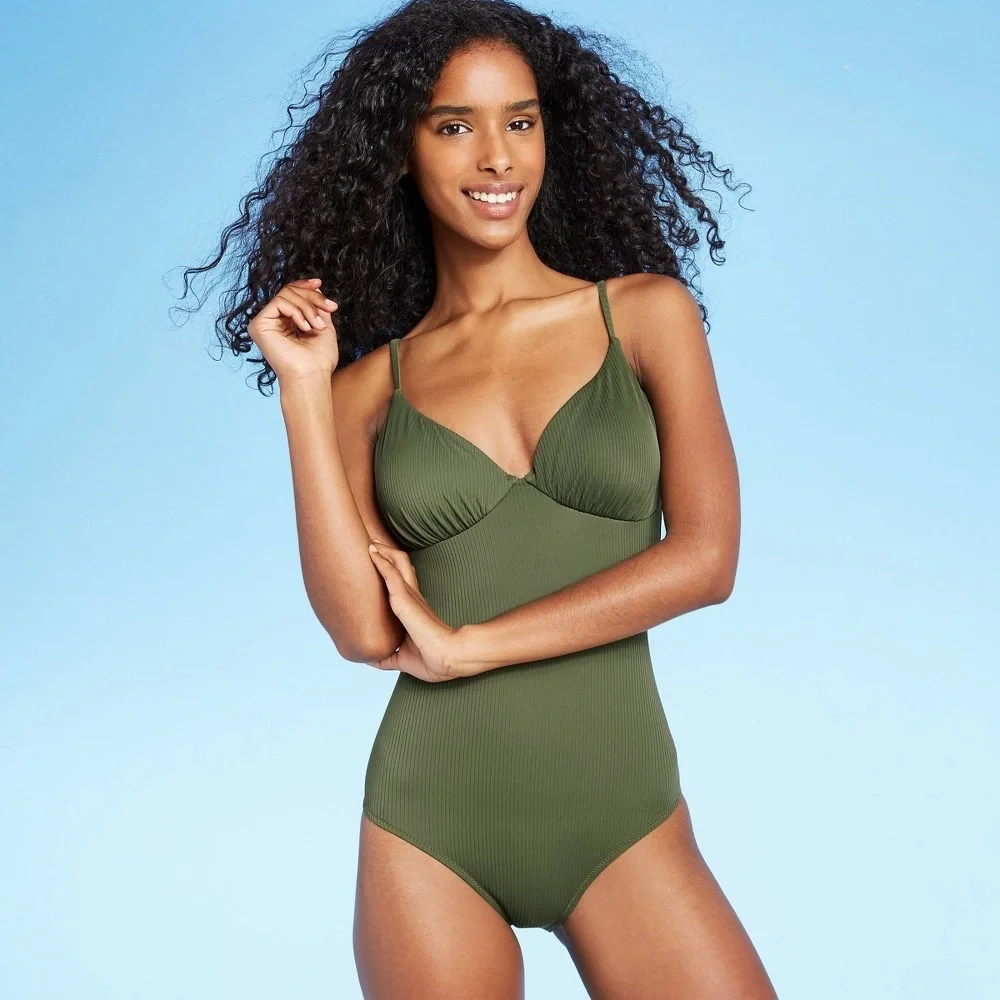 Shade & Shore Palm Olive Green Ribbed Cheeky One-Piece Swimsuit